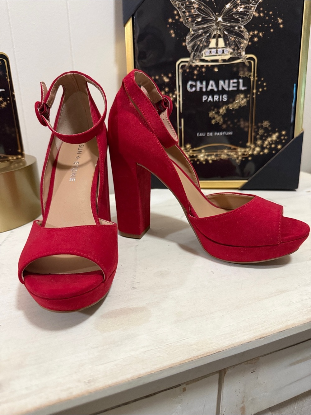 Sun + Stone Red Suede Platform Ankle-Strap Heels